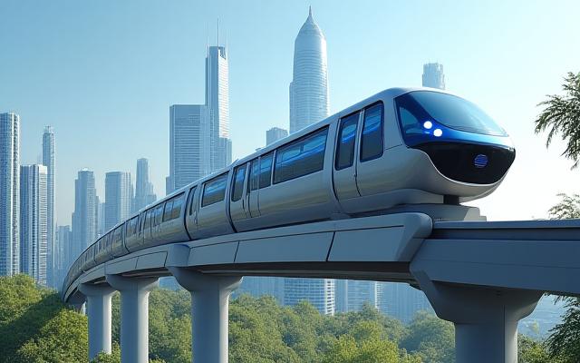 未来的なデザインの無人モノレールが都市の上空を走る様子